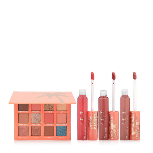 Coral Eyeshadow & Lipstick Set - 4 pcs